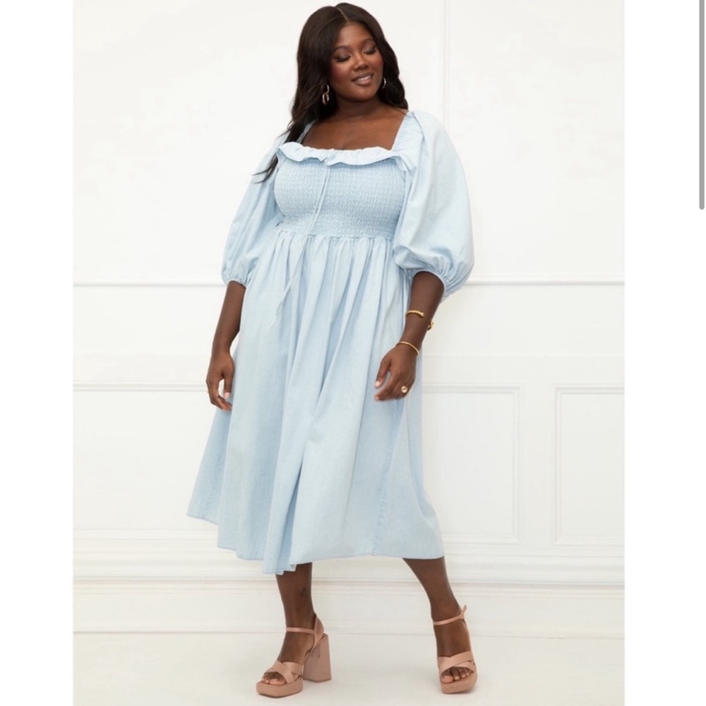 Eloquii Light Blue Smocked Midi Dress with Puff Sleeves